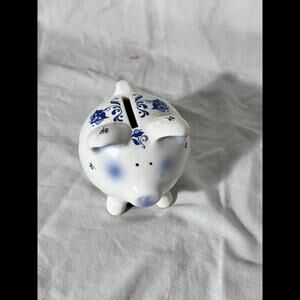 Vintage Enesco Piggy Bank Blue & White Ceramic Pig Coin Drop w/Stopper